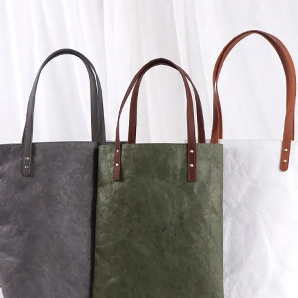Fashion Washable Kraft Paper Tote Bag With PU Handle And Polyester Lining