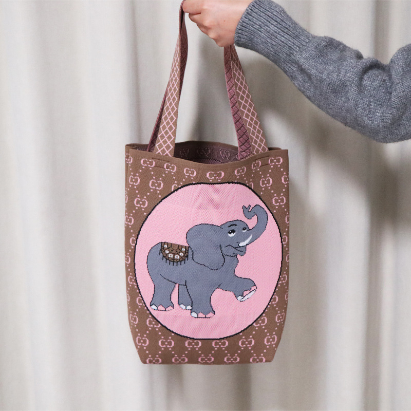 Knitted Single-shoulder Beach Tote Bag Elephant Jacquard Pattern Bucket Bag Style Shopping Bags