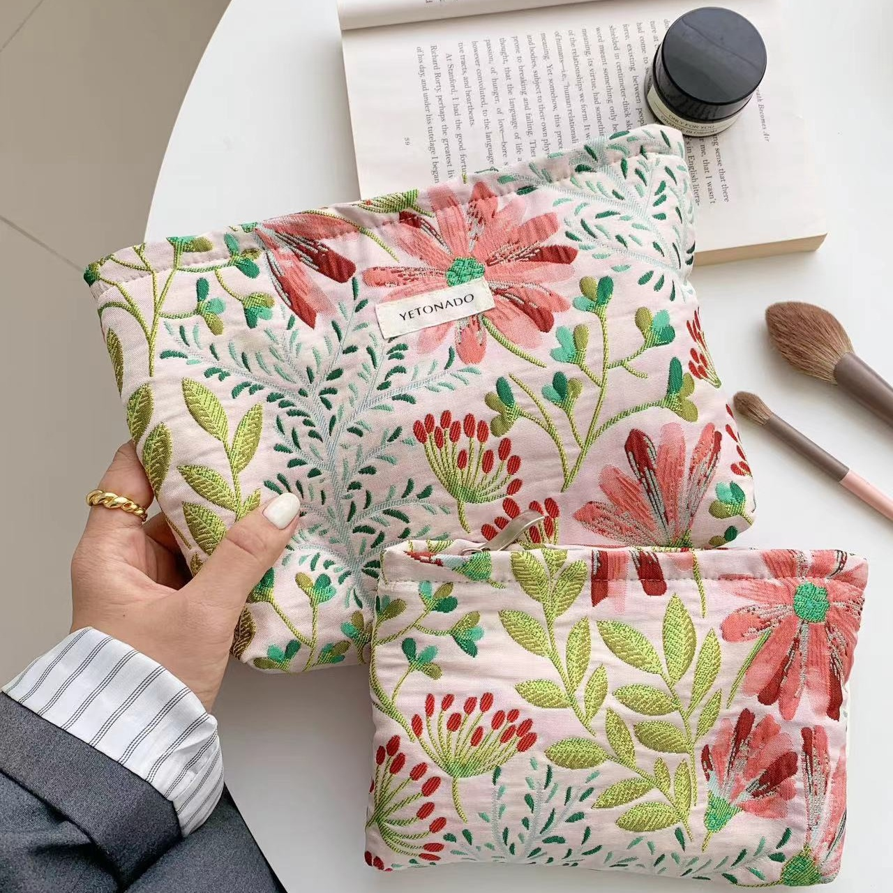 Floral Jacquard Cosmetic Organizer Makeup Pouch for Women