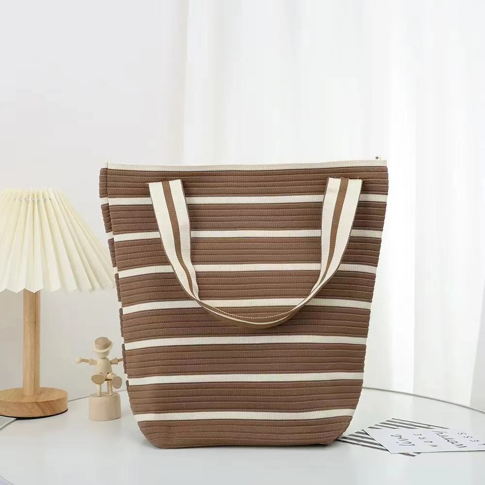 Knitted Single-shoulder Beach Tote Bag Strip Jacquard Pattern Bucket Bag Style Shopping Bags_copy20250612
